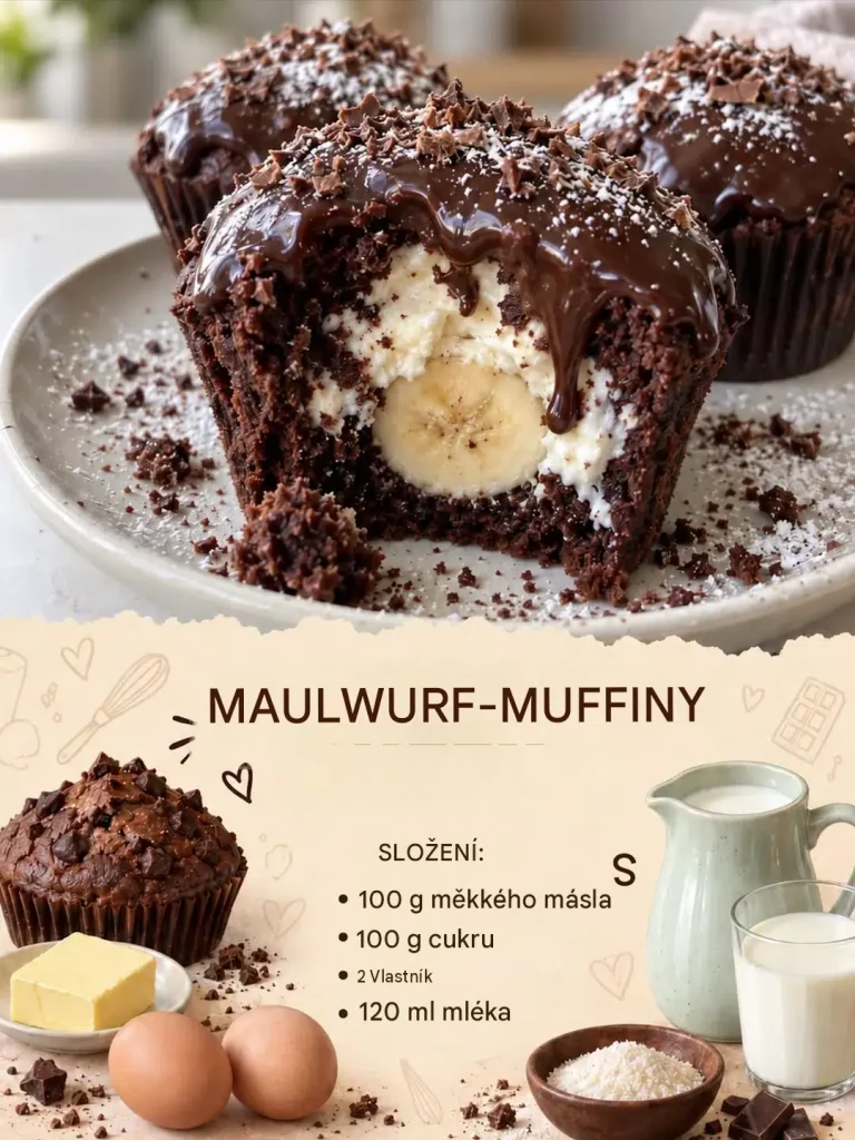 Muffiny „krtince“ s banánem – čokoládové muffiny s krémovou náplní